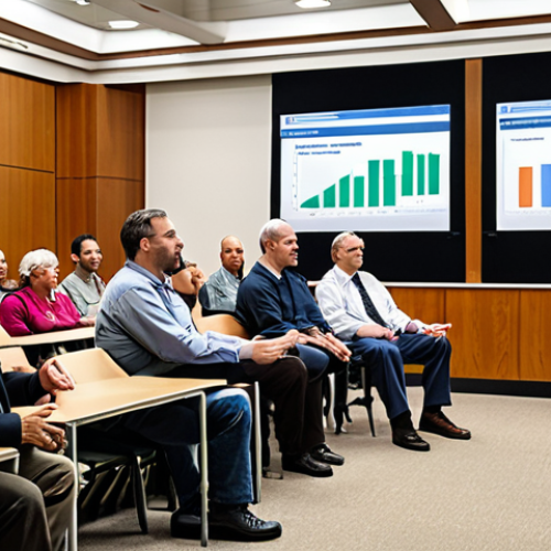 Home 26 **Government Transparency:** A diverse group of people participating in a town hall meeting, with officials presenting information on a new policy using online dashboards and data visualizations. Emphasis on open communication and citizen involvement.