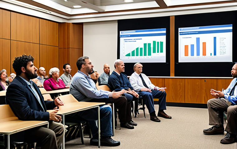 **Government Transparency:** A diverse group of people participating in a town hall meeting, with officials presenting information on a new policy using online dashboards and data visualizations. Emphasis on open communication and citizen involvement.