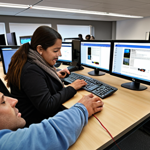 Home 25 **E-governance in action:** Citizens using computers and mobile devices to access government services online. The scene should depict ease of access, transparency, and efficiency, with a diverse group of people benefiting from the technology.