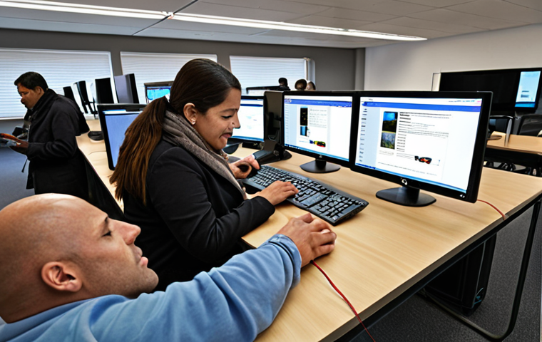 **E-governance in action:** Citizens using computers and mobile devices to access government services online. The scene should depict ease of access, transparency, and efficiency, with a diverse group of people benefiting from the technology.