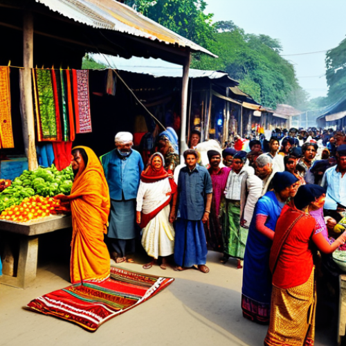 Home 24 **
A bustling rural marketplace in Bangladesh, filled with vendors selling colorful textiles, fresh produce, and handicrafts. People in traditional Bengali attire are actively bargaining and socializing. Capture the vibrant energy and cultural richness of the scene with natural lighting.
**
