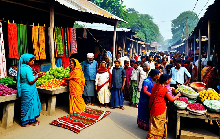 **
A bustling rural marketplace in Bangladesh, filled with vendors selling colorful textiles, fresh produce, and handicrafts. People in traditional Bengali attire are actively bargaining and socializing. Capture the vibrant energy and cultural richness of the scene with natural lighting.

**