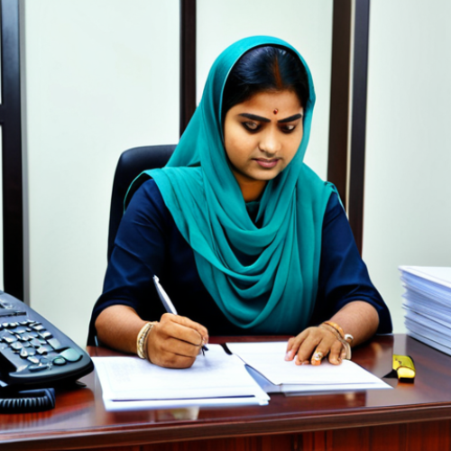 Home 23 **
"A professional Bangladeshi civil servant in a modest, formal saree, working diligently at a clean desk in a modern government office. The office has neat files and a computer. Focused, competent, and dedicated. Safe for work, appropriate content, fully clothed, professional, perfect anatomy, natural proportions, well-formed hands, proper finger count, natural body proportions, high quality."
**