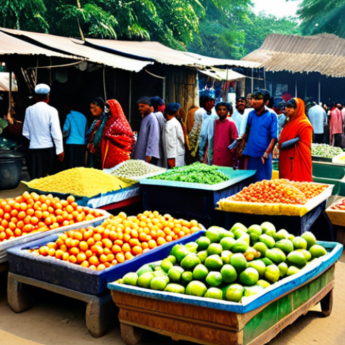 Home 12 **A bustling rural marketplace in Bangladesh, filled with vendors selling colorful produce and handicrafts. People are dressed in traditional Bengali clothing. Bright sunlight, vibrant colors, high detail. Safe for work, appropriate content, fully clothed, modest, family-friendly.**