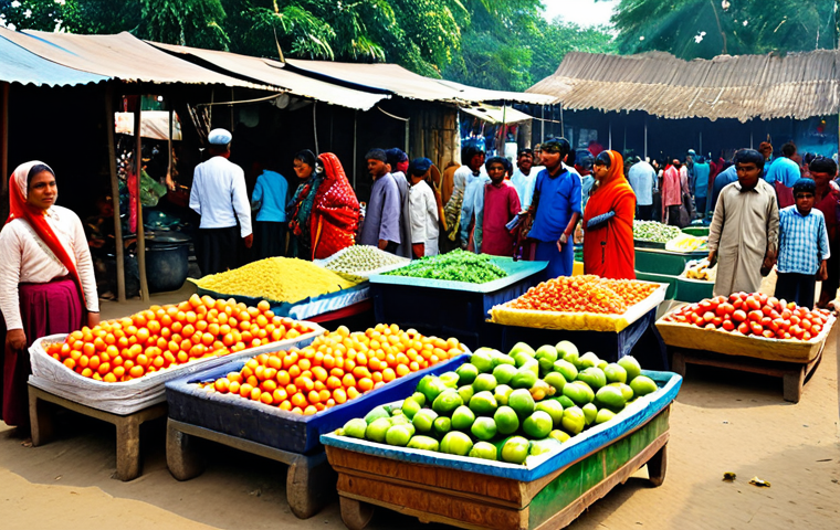 **A bustling rural marketplace in Bangladesh, filled with vendors selling colorful produce and handicrafts. People are dressed in traditional Bengali clothing. Bright sunlight, vibrant colors, high detail. Safe for work, appropriate content, fully clothed, modest, family-friendly.**