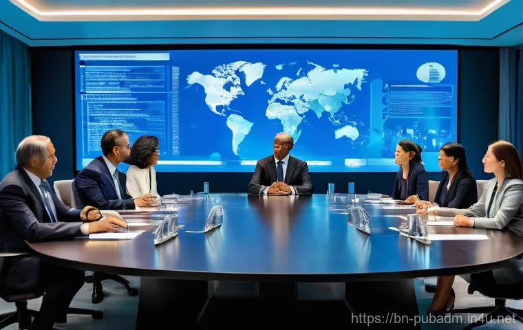 국제 행정 및 정책 비교 - **Prompt:** A diverse group of international policy experts, comprising men and women of various eth...