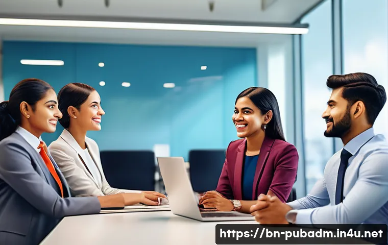 행정학에서의 조직문화 - A diverse group of professional office workers in a modern administrative setting, wearing formal bu...