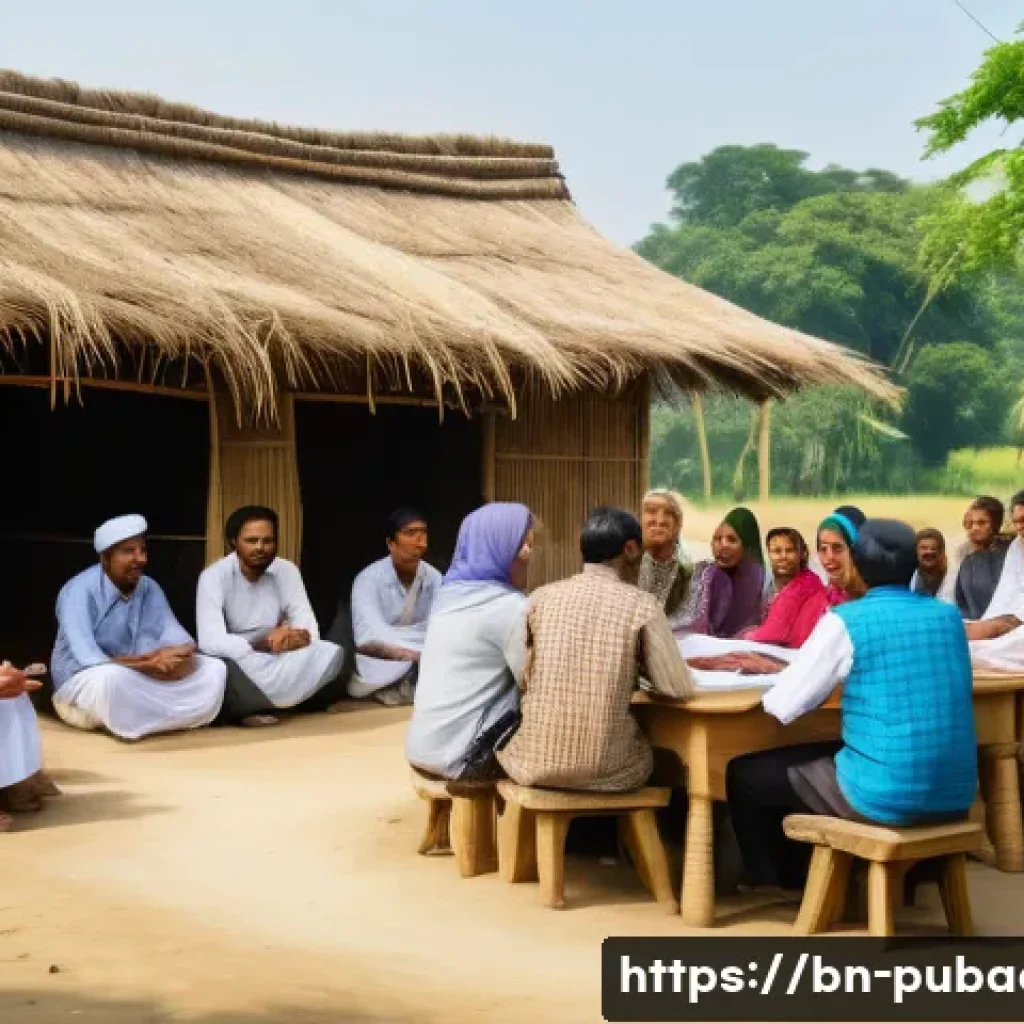 정책 구현의 문제와 해결책 - A detailed, realistic scene of a rural community meeting in Bangladesh, featuring diverse local men ...