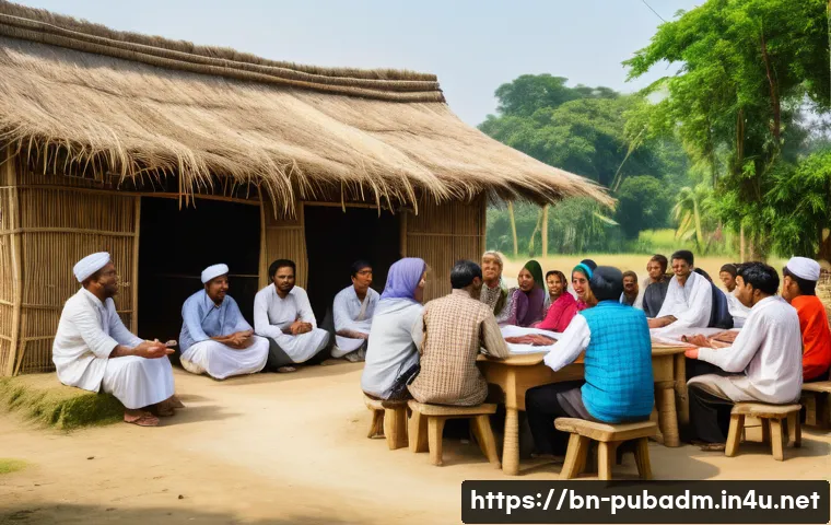 정책 구현의 문제와 해결책 - A detailed, realistic scene of a rural community meeting in Bangladesh, featuring diverse local men ...