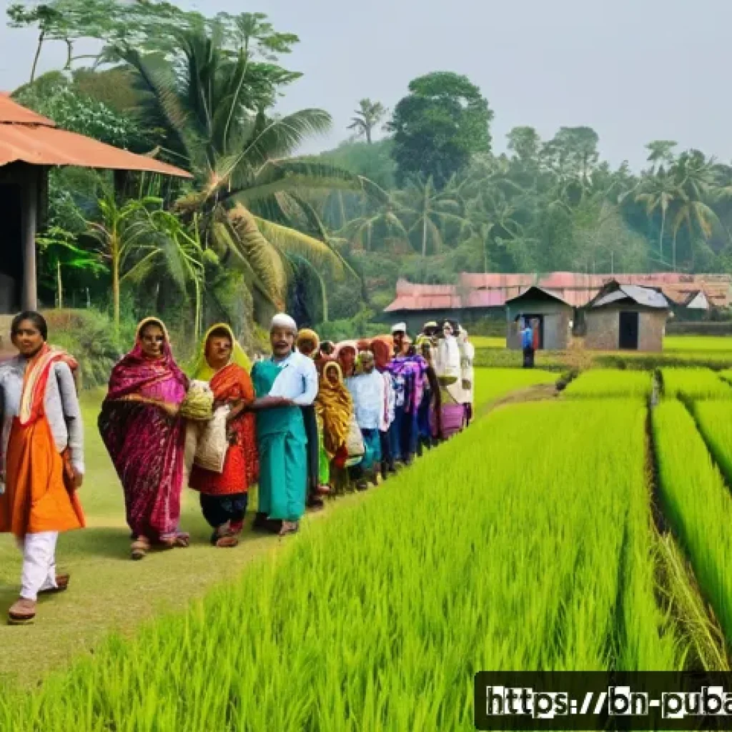 공공정책의 사회적 재분배 - A vibrant community scene in rural Bangladesh showing diverse groups of people including elderly rec...
