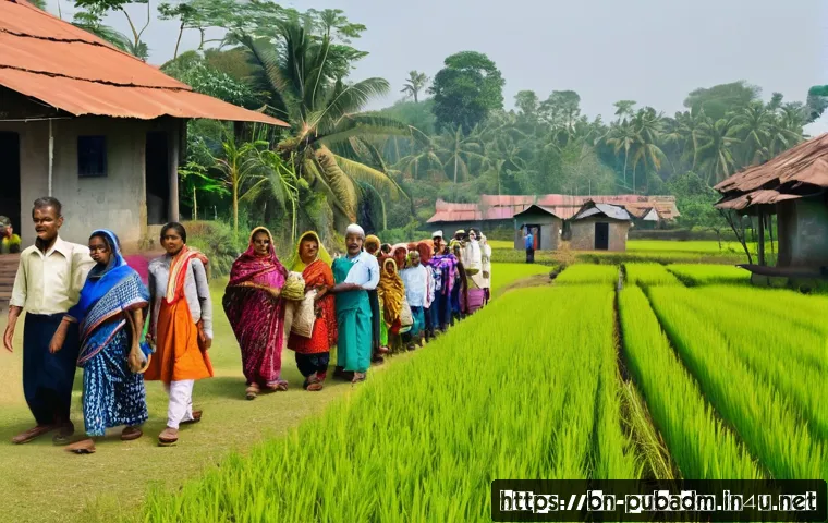 공공정책의 사회적 재분배 - A vibrant community scene in rural Bangladesh showing diverse groups of people including elderly rec...