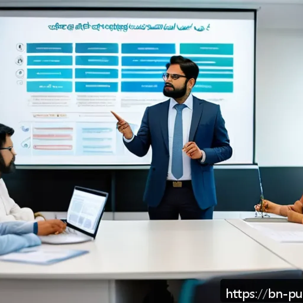 정책 실행과 피드백 - A modern corporate office scene showing a diverse group of Bengali professionals engaged in a collab...