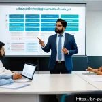 정책 실행과 피드백 - A modern corporate office scene showing a diverse group of Bengali professionals engaged in a collab...