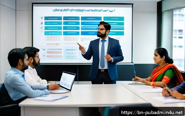 정책 실행과 피드백 - A modern corporate office scene showing a diverse group of Bengali professionals engaged in a collab...