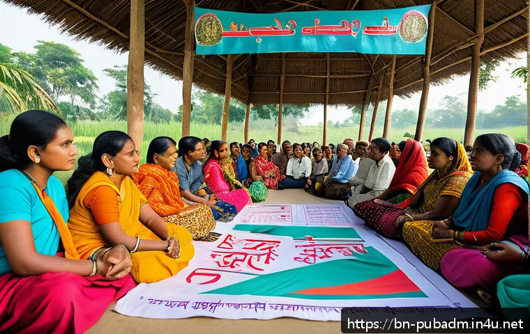 공공정책의 실현 가능성 분석 - A vibrant rural community meeting in Bangladesh, featuring men and women of diverse ages and backgro...
