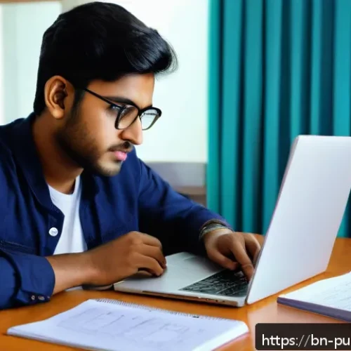 공공부문 직무와 경력 개발 - A focused young Bengali man studying government job exam syllabus at a modern desk with a laptop, of...