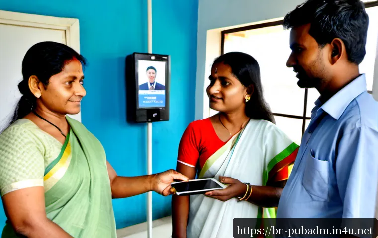 디지털 정부 정책 - Photorealistic modern public service center in Bangladesh, a diverse Bengali family and an elderly m...