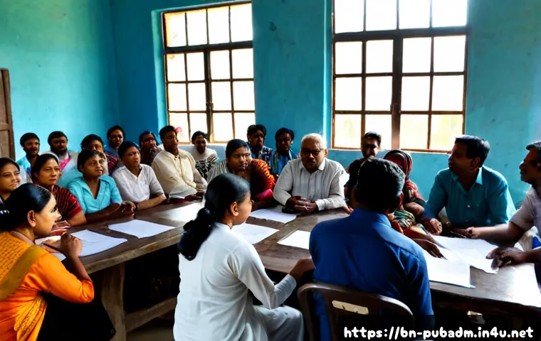 공공정책에 대한 시민 참여 - Photorealistic community town hall in Bangladesh, diverse adult citizens seated in a bright municipa...